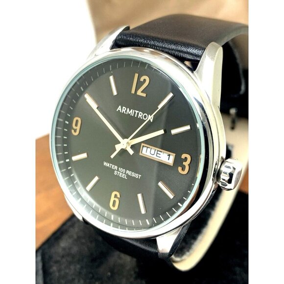 Armitron Men's Watch 20/5048SV Black Dial Day Date Quartz Leather Strap 40mm - Picture 13 of 14